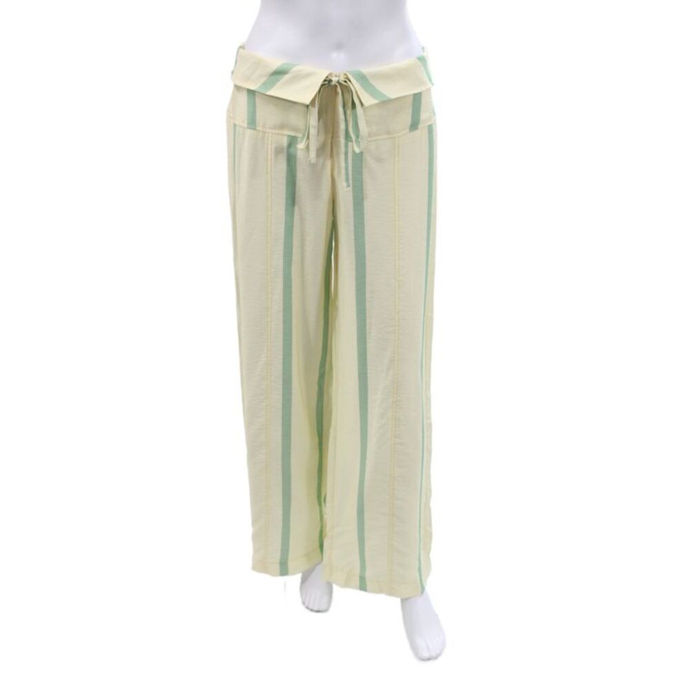 LAAGAM Women Paperbag Pants Green Striped Tie Waist Viscose Size M